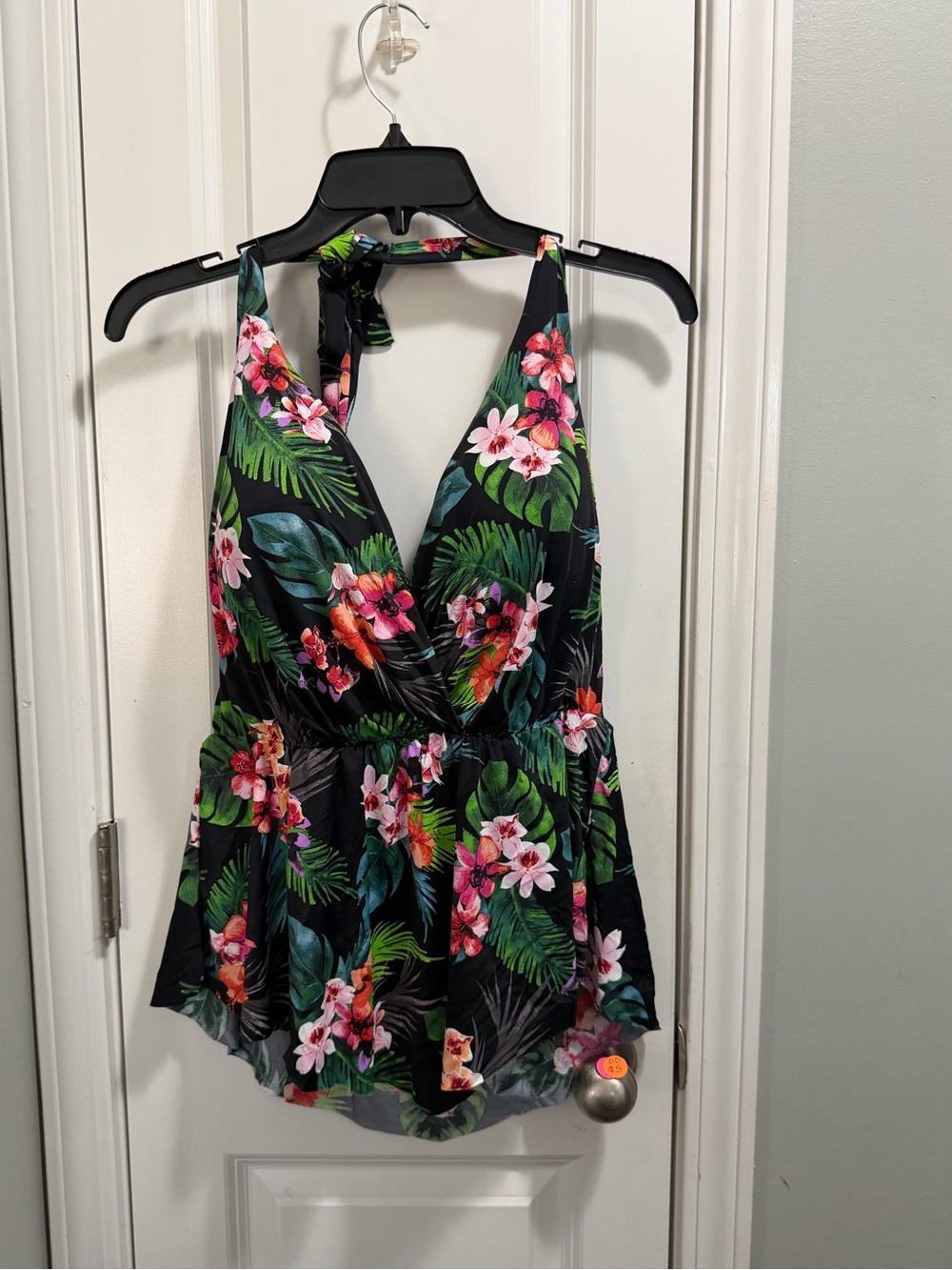 Tropical Halter Peplum Swim Top - Black Floral